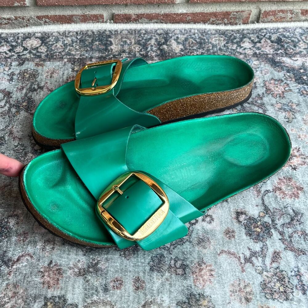 Birkenstock Madrid Green Leather Slide Sandals / Women's 40 / Big Buckle Gold - Picture 2 of 10